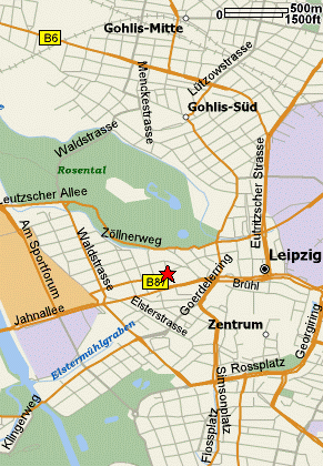 map of Leipzig showing Mahler's house at Gustav-Adolf-Strasse 12